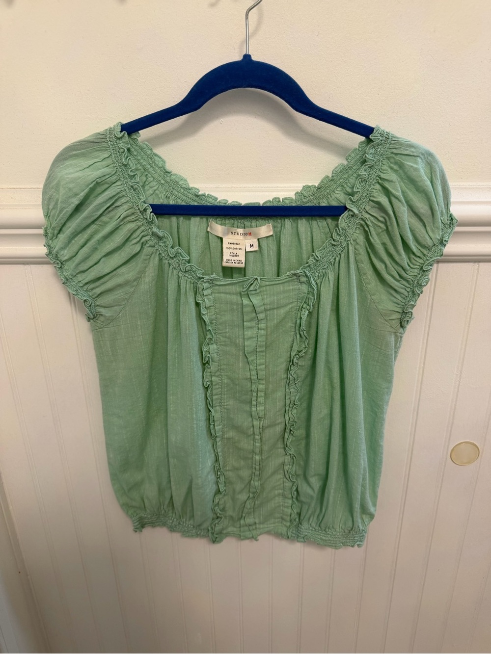 Y2K Studio M Mint Green Ruffle Peasant Blouse